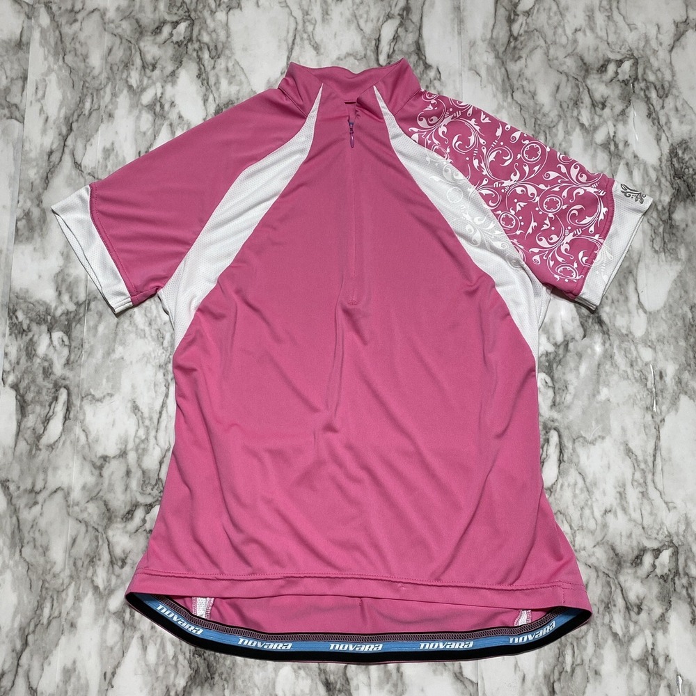 NOVARA Women Cycling Jersey Shirt Size M Pink White 1/4 Zip Short Sleeve Pockets